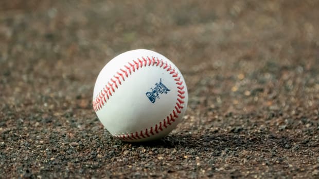 Jul 13, 2021; Denver, Colorado, USA; Detailed view of a homer derby logo on an official MLB baseball prior to the 2021 MLB All Star Game at Coors Field. Mandatory Credit: Mark J. Rebilas-USA TODAY Sports
